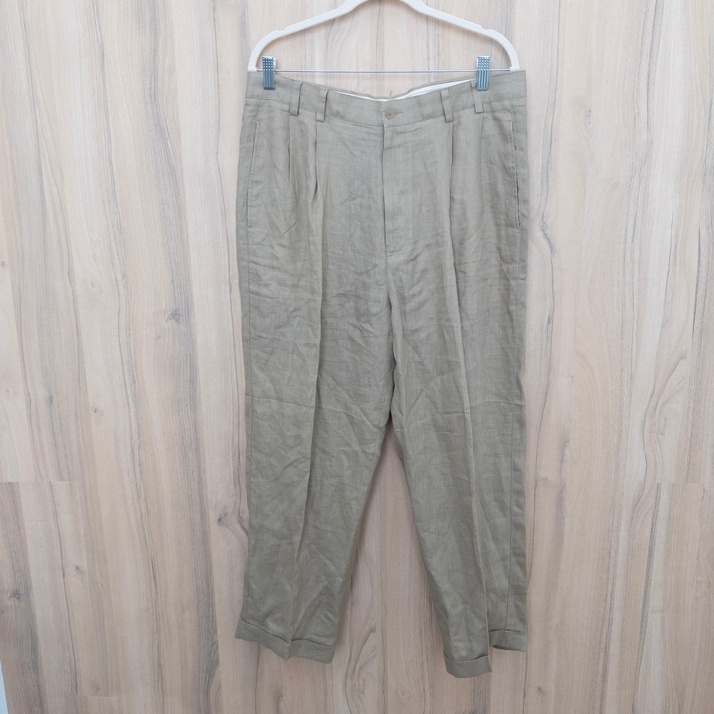 Vintage Joseph & Feiss Mens Linen Pants 35 Tan Pleated Resort Trousers Old Money